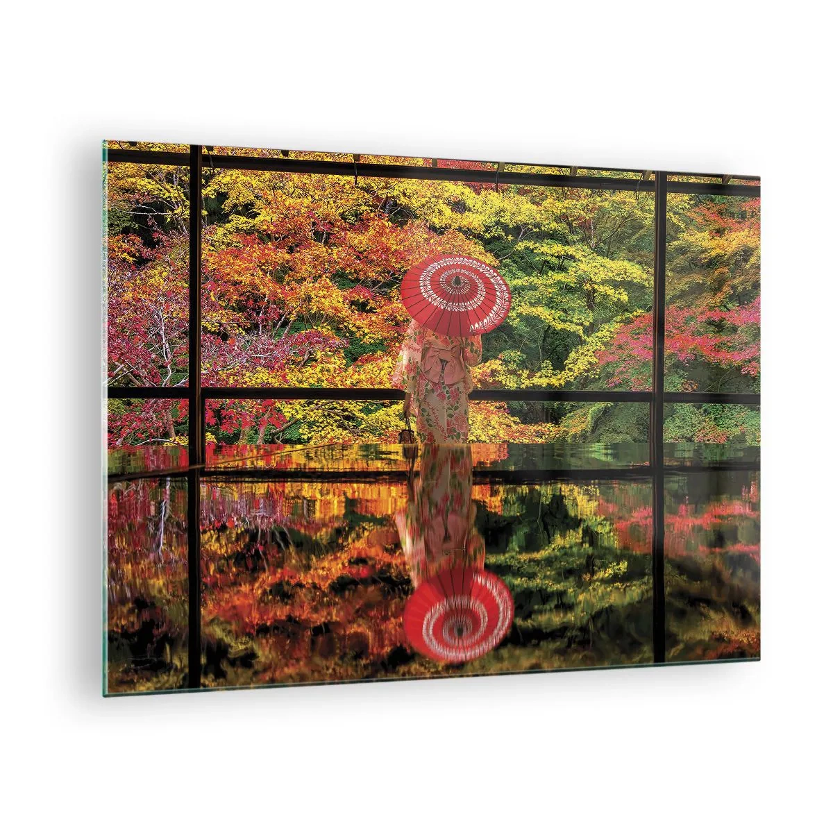 Cuadro sobre vidrio - Impresiones sobre Vidrio - Una mujer con un kimono y un paraguas frente a un paisaje otoñal, reflejado en el agua. - 70x50cm - En un templo de la naturaleza - Decoración de pared moderna para salón y dormitorio ARTTOR