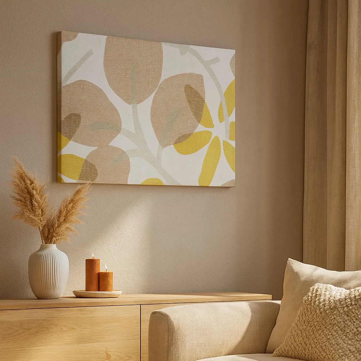 Cuadro sobre lienzo - Impresión de Imagen - Hojas abstractas en tonos beige y amarillo. - 70x50cm - Composición a pleno sol - Decoración de pared moderna para salón y dormitorio ARTTOR