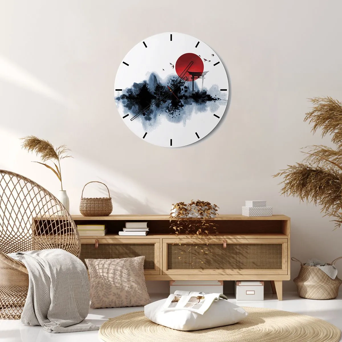 Reloj de pared - Reloj de vidrio - Una bola de sol roja y una puerta torii de estilo japonés sobre el agua. - 30x30cm - Visión japonesa - Decoración de pared moderna para salón, cocina y dormitorio ARTTOR