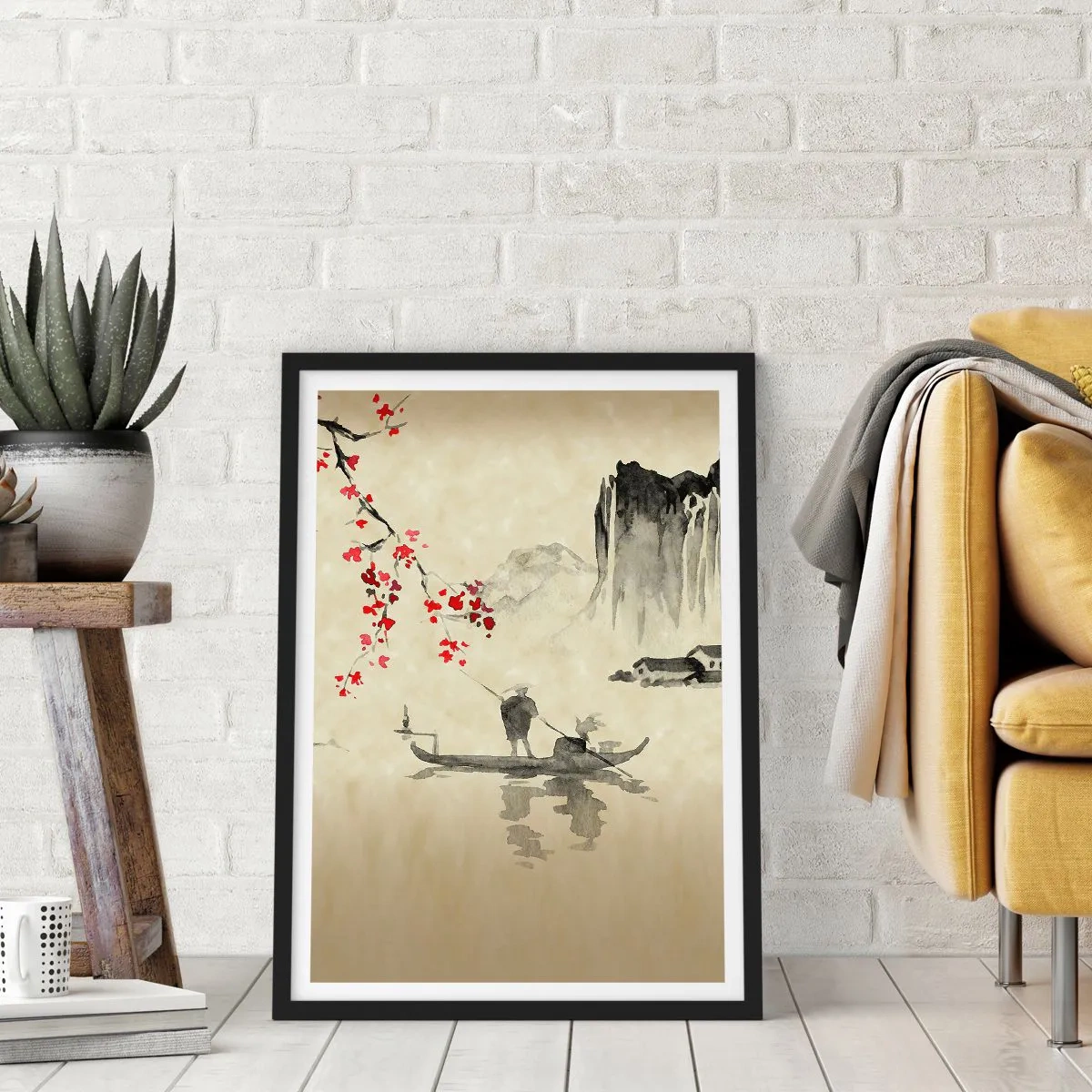 Póster en marco negro - Escena oriental con pescadores en un barco. - 50x70cm - En el país de los cerezos en flor - Decoración de pared moderna para salón y dormitorio ARTTOR