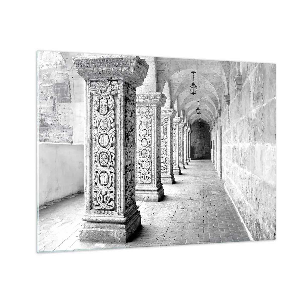 Cuadro sobre vidrio - Impresiones sobre Vidrio - Claustro histórico con columnas talladas - 70x50cm - ¿Y adónde nos llevará...? - Decoración de pared moderna para salón y dormitorio ARTTOR