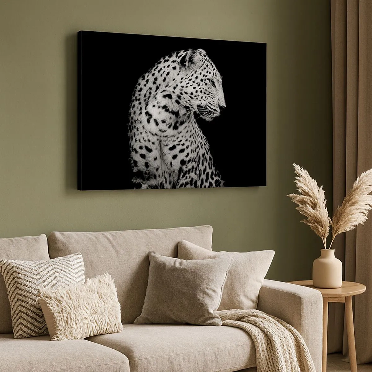 Cuadro sobre lienzo - Impresión de Imagen - Imagen en blanco y negro de un leopardo sobre un fondo negro. - 70x50cm - El perfil derecho es perfecto - Decoración de pared moderna para salón y dormitorio ARTTOR