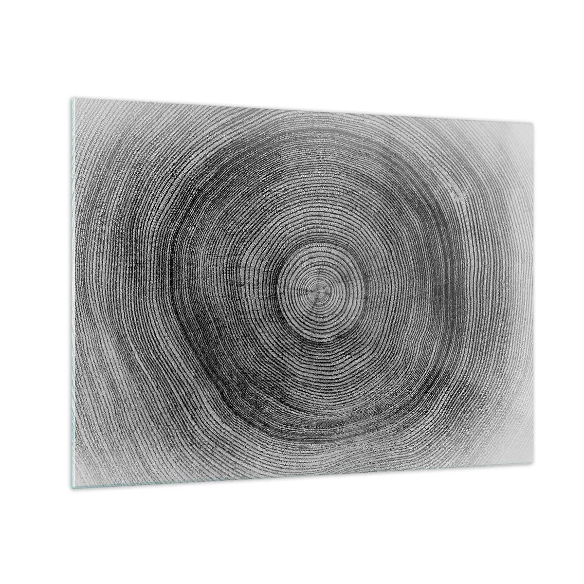 Cuadro sobre vidrio - Impresiones sobre Vidrio - Líneas concéntricas de anillos de árboles presentadas en una estética en blanco y negro. - 70x50cm - El paso del tiempo - Decoración de pared moderna para salón y dormitorio ARTTOR