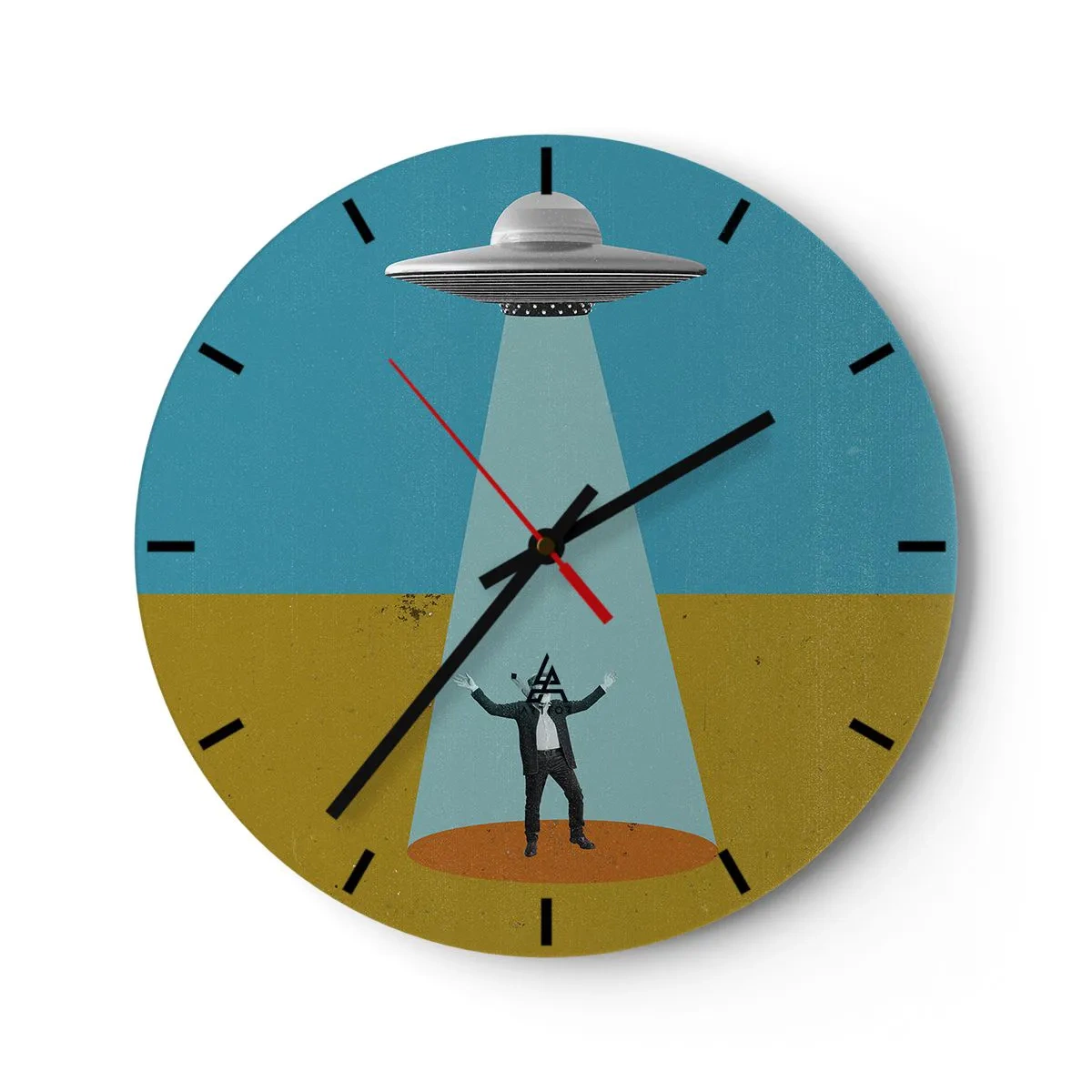 Reloj de pared - Reloj de vidrio - Un hombre iluminado por un haz de OVNI sobre un fondo desértico. - 30x30cm - Un encuentro cercano - Decoración de pared moderna para salón, cocina y dormitorio ARTTOR