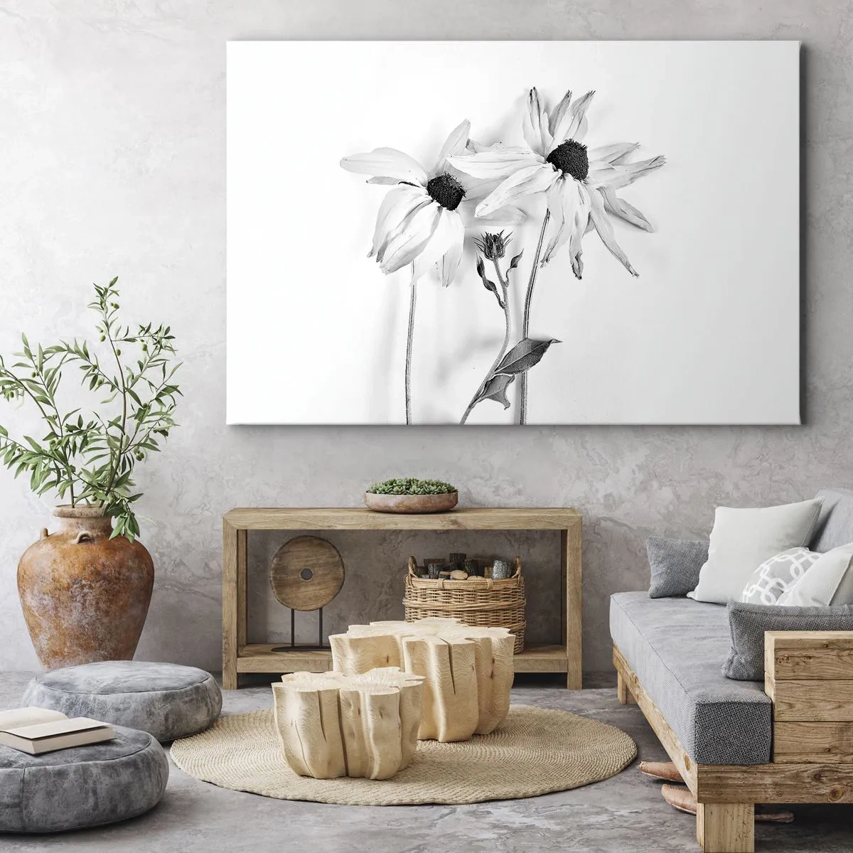 Cuadro sobre lienzo - Impresión de Imagen - Flores en blanco y negro con una composición sutil. - 70x50cm - Nadie quiere estar solo - Decoración de pared moderna para salón y dormitorio ARTTOR