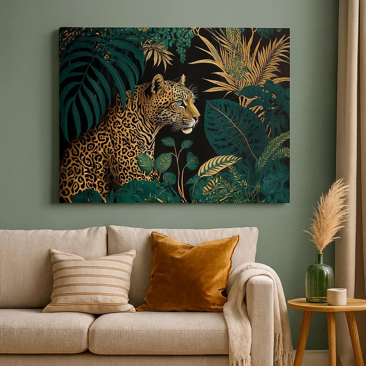 Cuadro sobre lienzo - Impresión de Imagen - Leopardo en hojas tropicales sobre un fondo negro - 70x50cm - El anfitrión en la jungla - Decoración de pared moderna para salón y dormitorio ARTTOR