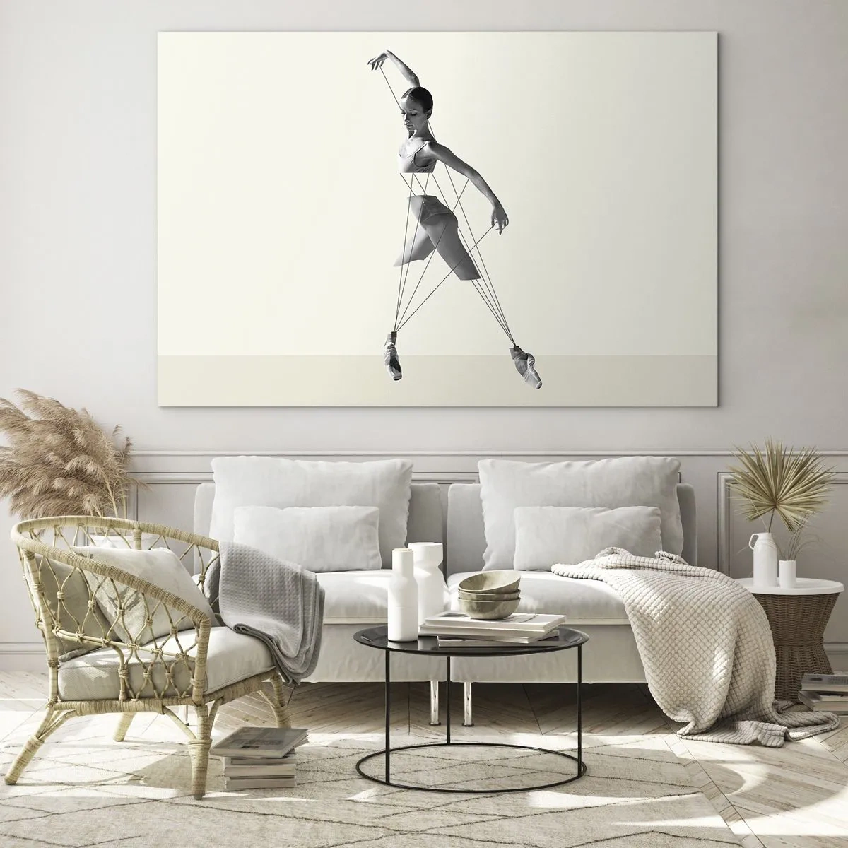 Cuadro sobre vidrio - Impresiones sobre Vidrio - Silueta en blanco y negro de una bailarina con un motivo de línea geométrica. - 70x50cm - Títere de sí misma - Decoración de pared moderna para salón y dormitorio ARTTOR