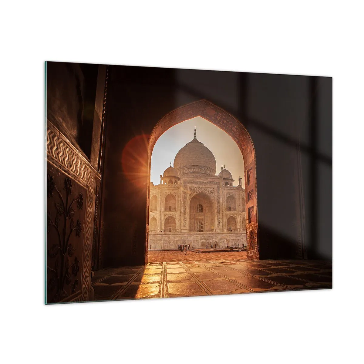 Cuadro sobre vidrio - Impresiones sobre Vidrio - Puesta de sol sobre un edificio monumental vista a través de un arco - 70x50cm - Un monumento al amor sobrenatural - Decoración de pared moderna para salón y dormitorio ARTTOR