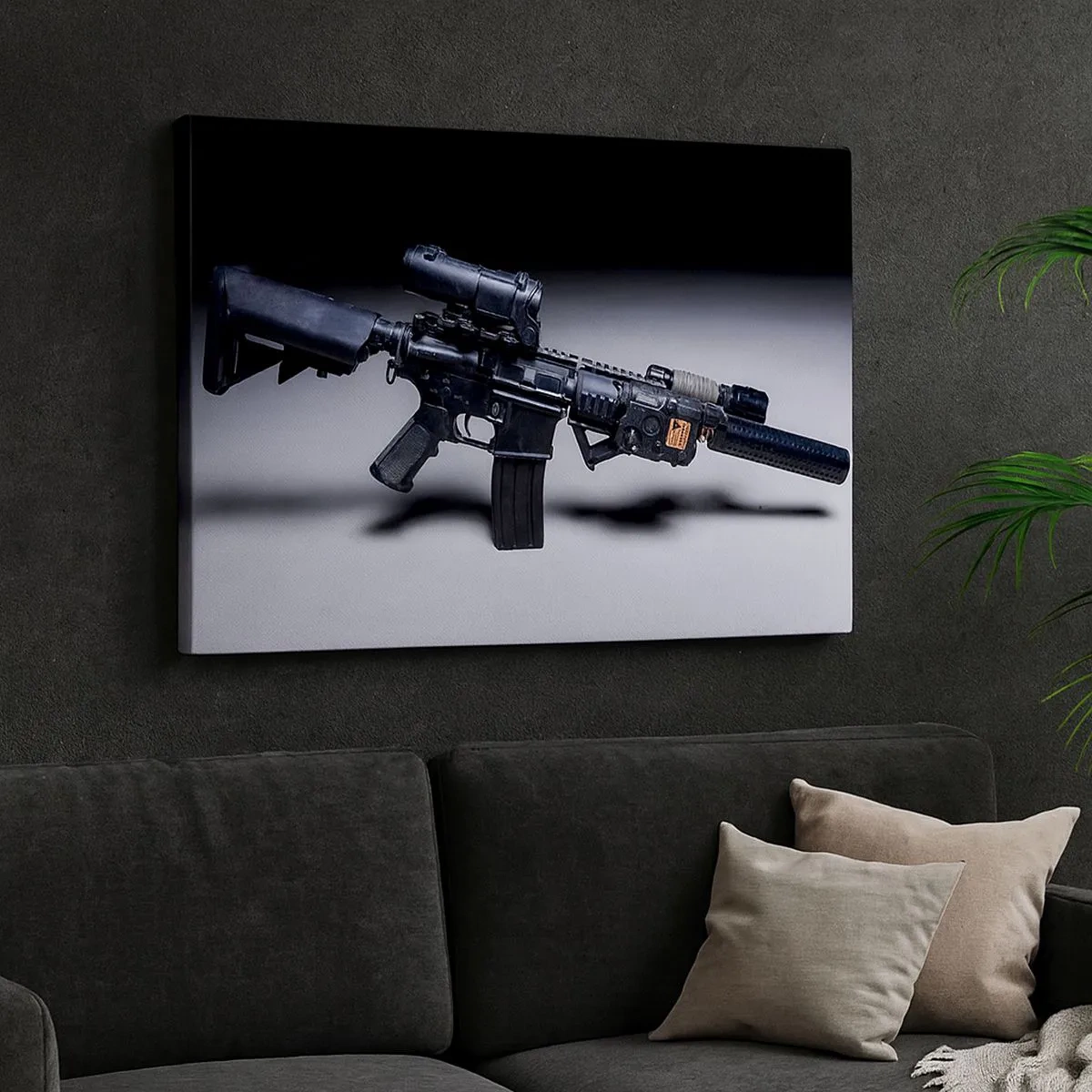 Cuadro sobre lienzo - Impresión de Imagen - Un rifle moderno en negro sobre un fondo oscuro. - 70x50cm - Un caballero oscuro - Decoración de pared moderna para salón y dormitorio ARTTOR