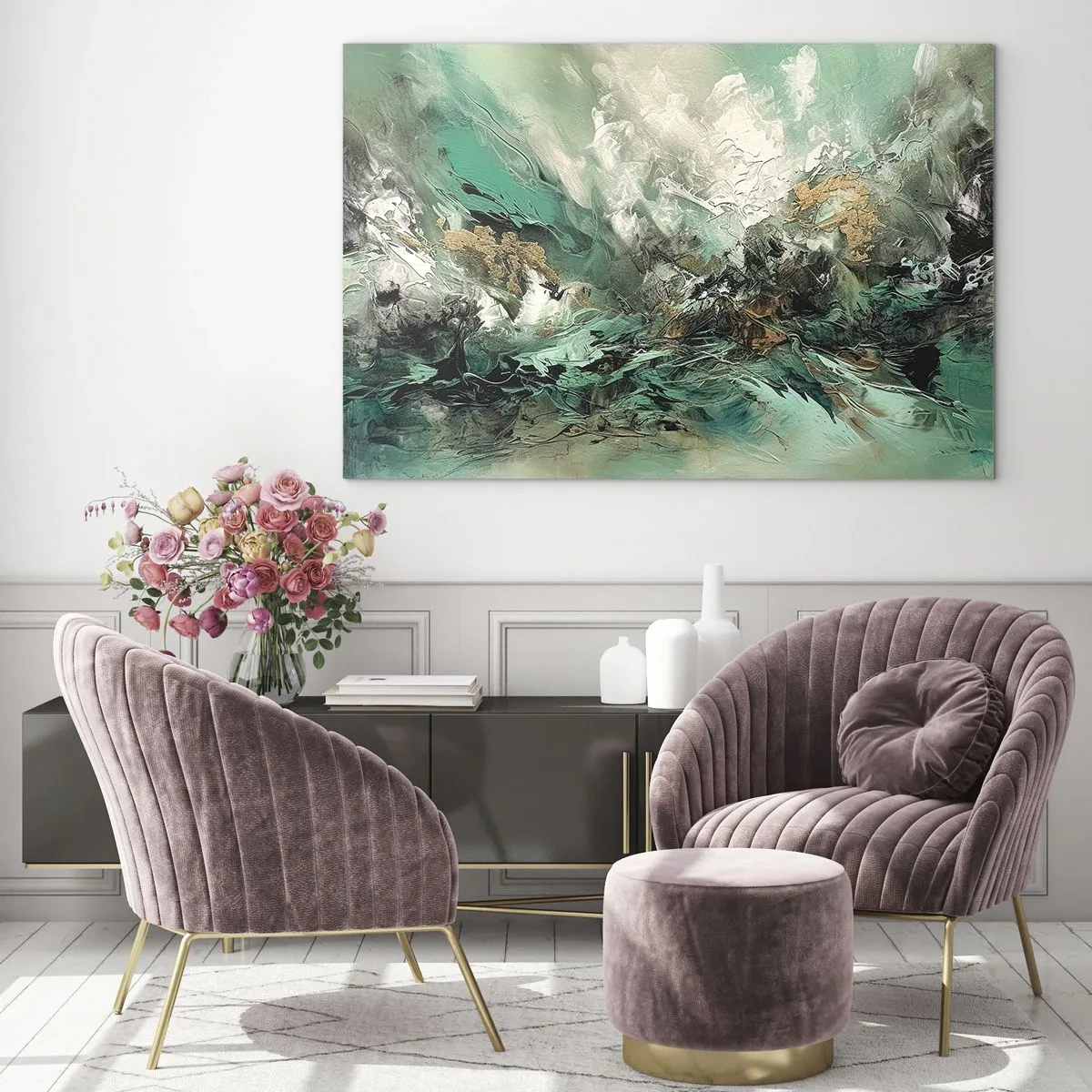 Cuadro sobre vidrio - Impresiones sobre Vidrio - Una composición abstracta en tonos esmeralda, negro y blanco. - 70x50cm - Hervor negro esmeralda - Decoración de pared moderna para salón y dormitorio ARTTOR