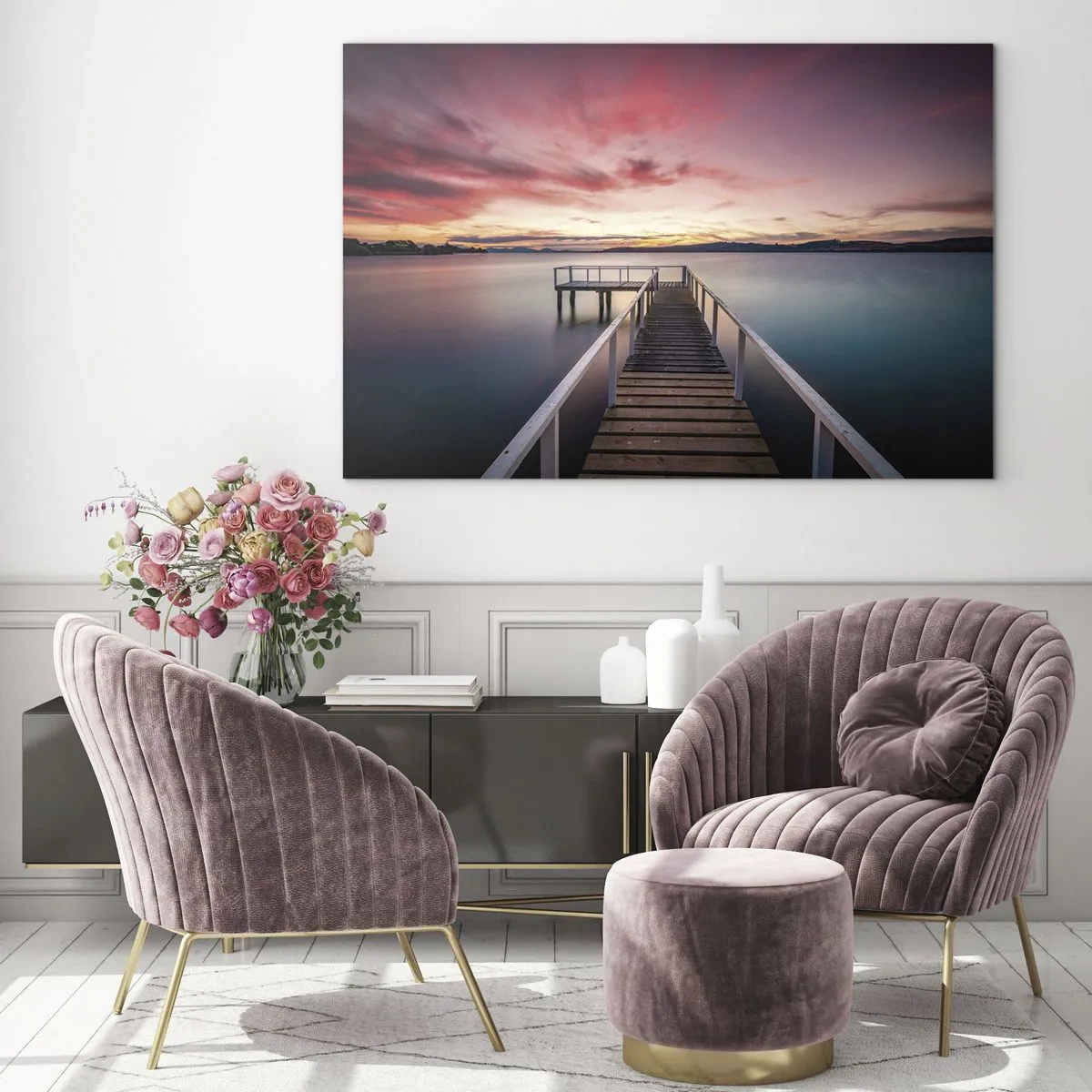 Cuadro sobre vidrio - Impresiones sobre Vidrio - Muelle junto al lago al atardecer con un cielo rosado - 70x50cm - La suave llama del atardecer - Decoración de pared moderna para salón y dormitorio ARTTOR