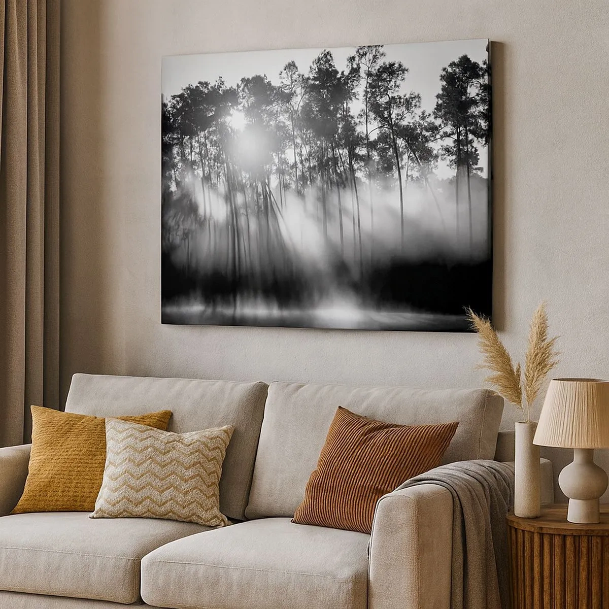 Cuadro sobre lienzo - Impresión de Imagen - Bosque blanco y negro en la niebla de la mañana. - 70x50cm - Sol imparable - Decoración de pared moderna para salón y dormitorio ARTTOR