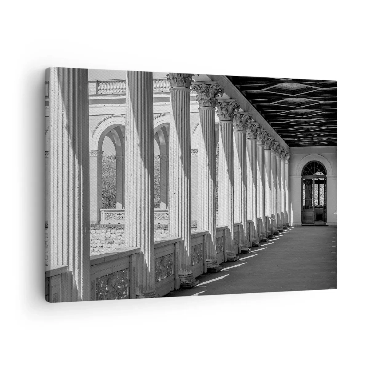 Cuadro sobre lienzo - Impresión de Imagen - Columnata de estilo clásico en blanco y negro - 70x50cm - Galería soleada - Decoración de pared moderna para salón y dormitorio ARTTOR