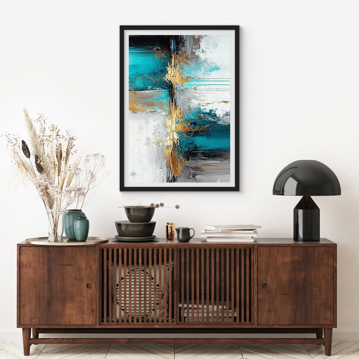Póster en marco negro - Una composición abstracta en tonos turquesa y dorado. - 50x70cm - Todo fluye - Decoración de pared moderna para salón y dormitorio ARTTOR