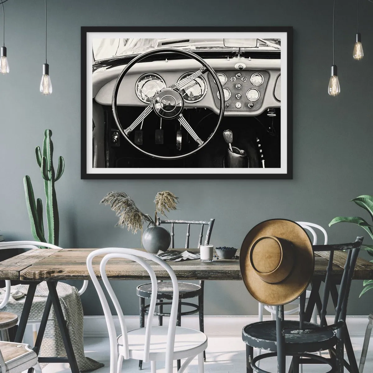Póster en marco negro - Interior de coche clásico en blanco y negro - 70x50cm - El sueño de un coleccionista - Decoración de pared moderna para salón y dormitorio ARTTOR