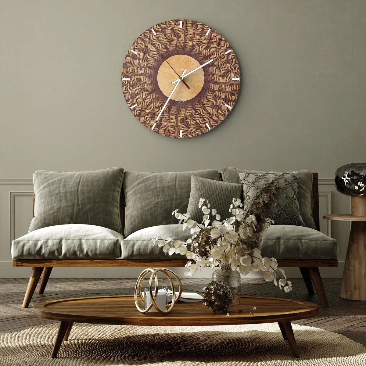 Reloj de pared - Reloj de vidrio - Reloj de sol con un patrón radiante en colores cálidos. - 30x30cm - Icono del sol - Decoración de pared moderna para salón, cocina y dormitorio ARTTOR