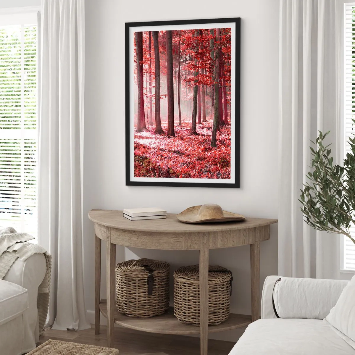 Póster en marco negro - Un bosque con hojas rojas y niebla por la mañana. - 50x70cm - Rojo como el que más - Decoración de pared moderna para salón y dormitorio ARTTOR