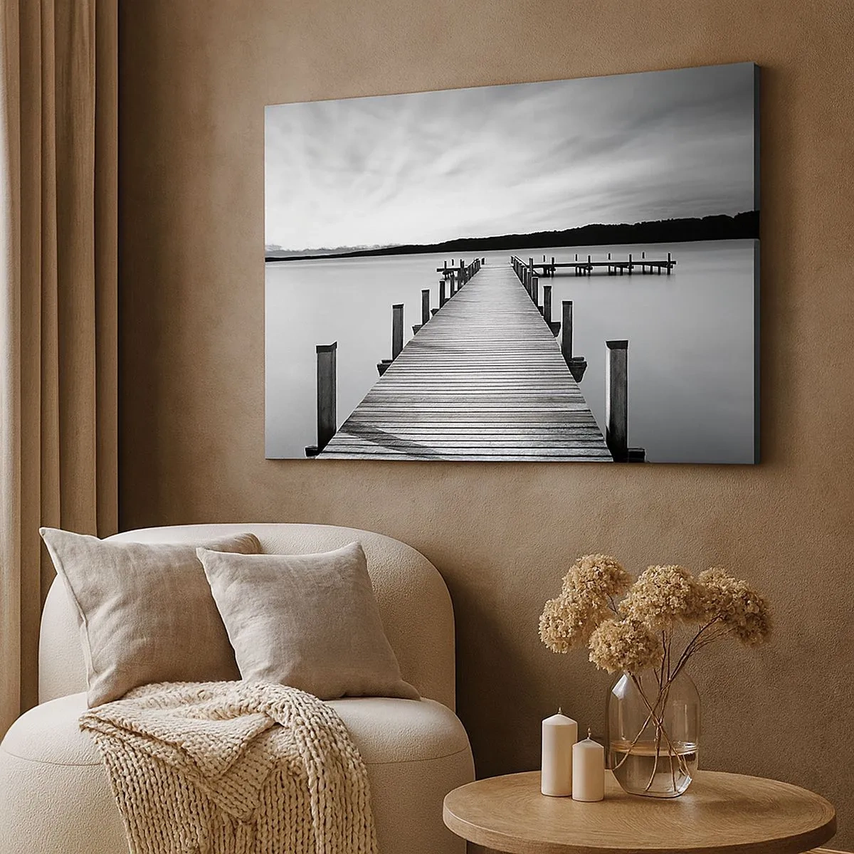 Cuadro sobre lienzo - Impresión de Imagen - Un embarcadero blanco y negro en un lago tranquilo. - 70x50cm - En el lago de la paz - Decoración de pared moderna para salón y dormitorio ARTTOR
