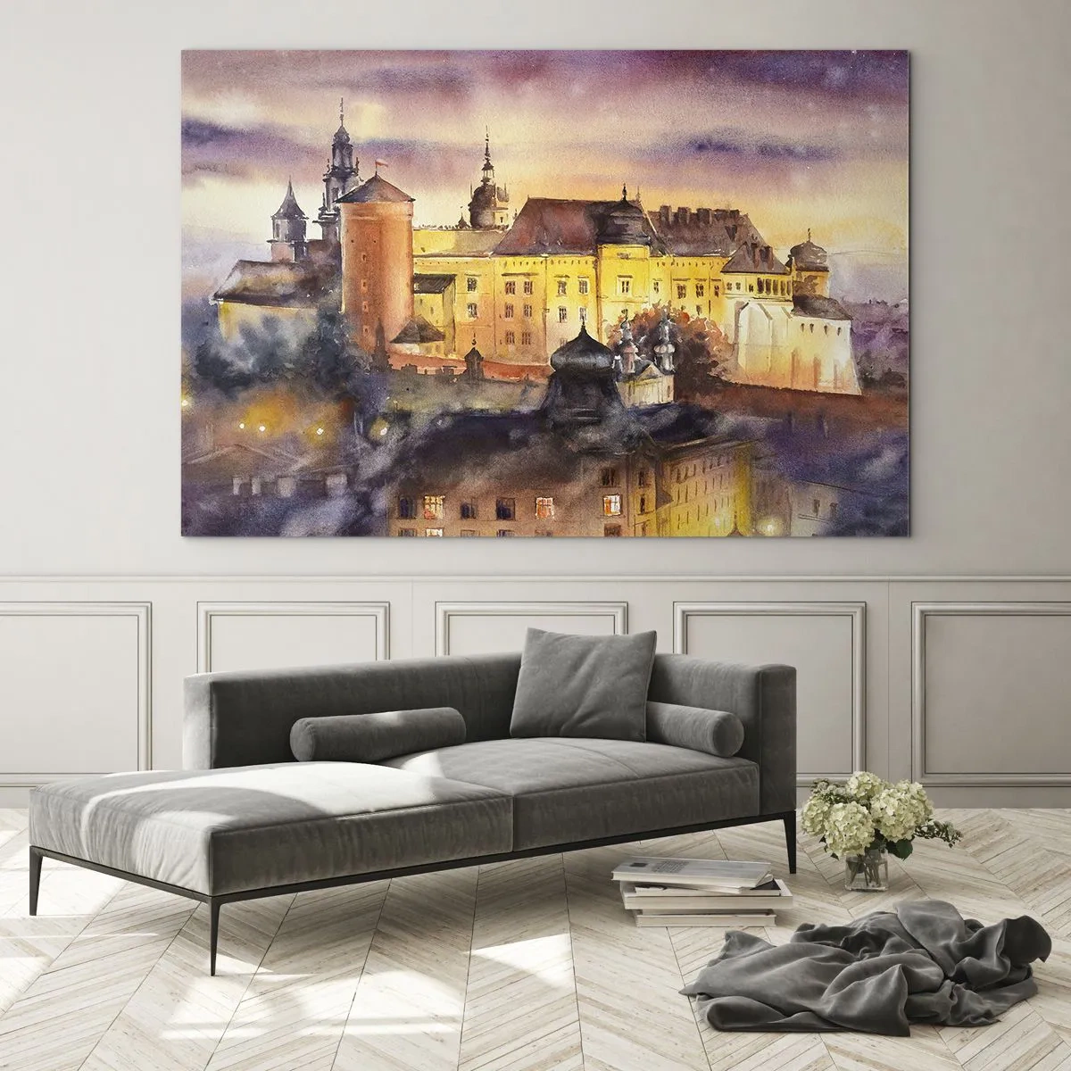 Cuadro sobre vidrio - Impresiones sobre Vidrio - Ilustración en acuarela de un castillo en una colina al atardecer - 70x50cm - Una historia y un cuento - Decoración de pared moderna para salón y dormitorio ARTTOR