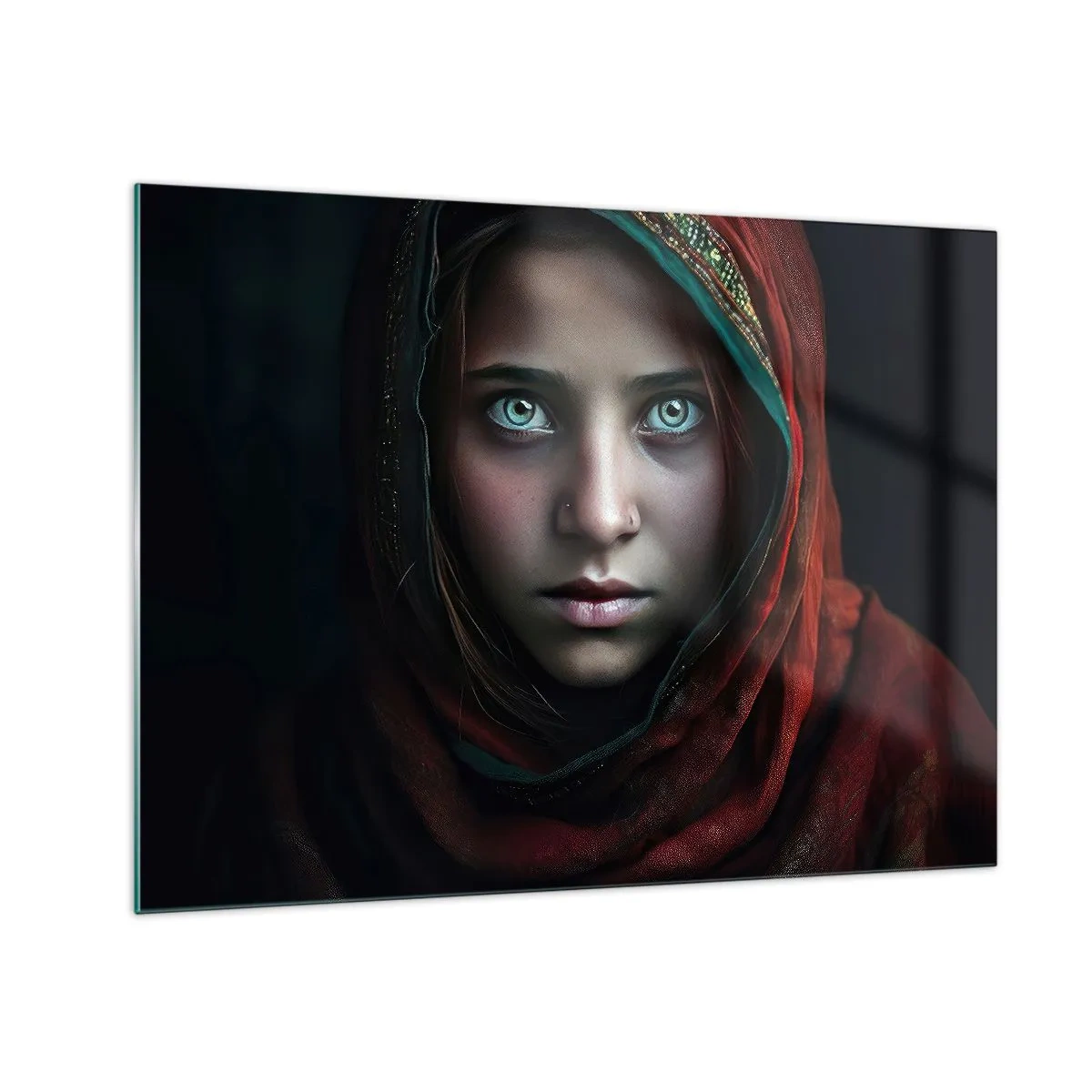 Cuadro sobre vidrio - Impresiones sobre Vidrio - Retrato de una mujer con un pañuelo rojo sobre un fondo oscuro. - 70x50cm - Princesa del Este - Decoración de pared moderna para salón y dormitorio ARTTOR