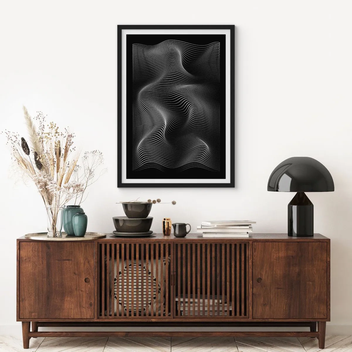 Póster en marco negro - Ondas minimalistas en blanco y negro - 50x70cm - La danza de la luz en el espacio - Decoración de pared moderna para salón y dormitorio ARTTOR