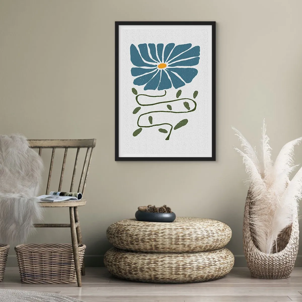 Póster en marco negro - Una flor azul con un tallo sinuoso sobre un fondo claro. - 50x70cm - De ramita a flor - Decoración de pared moderna para salón y dormitorio ARTTOR