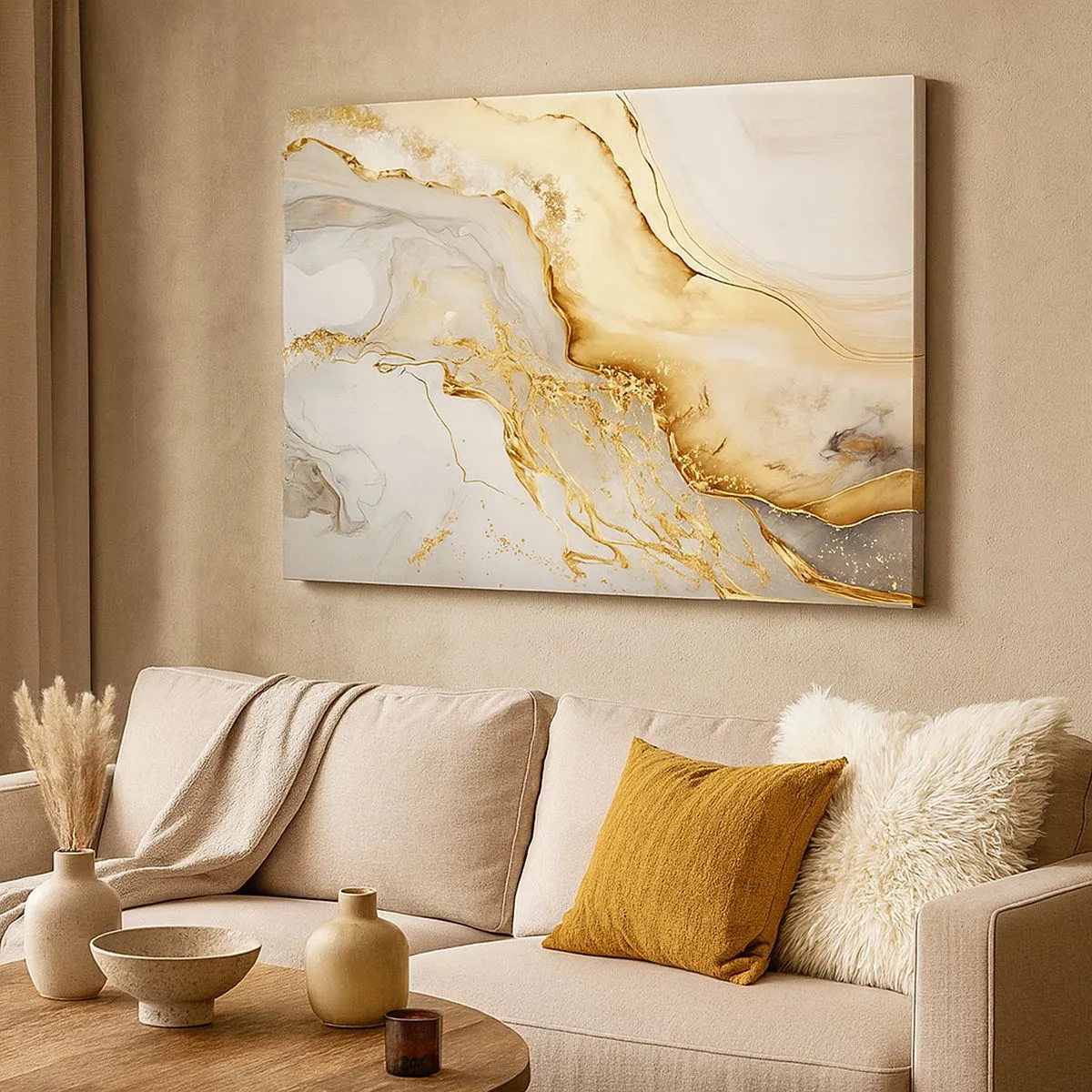 Cuadro sobre lienzo - Impresión de Imagen - Patrones abstractos de oro y mármol sobre un fondo claro. - 70x50cm - Abstracción: belleza y bondad - Decoración de pared moderna para salón y dormitorio ARTTOR