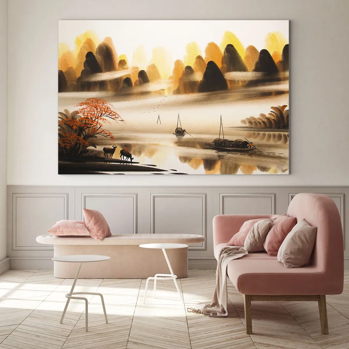 Cuadro sobre vidrio - Impresiones sobre Vidrio - Paisaje oriental con barcos y montañas en la niebla. - 70x50cm - Más allá del Lejano Oriente - Decoración de pared moderna para salón y dormitorio ARTTOR