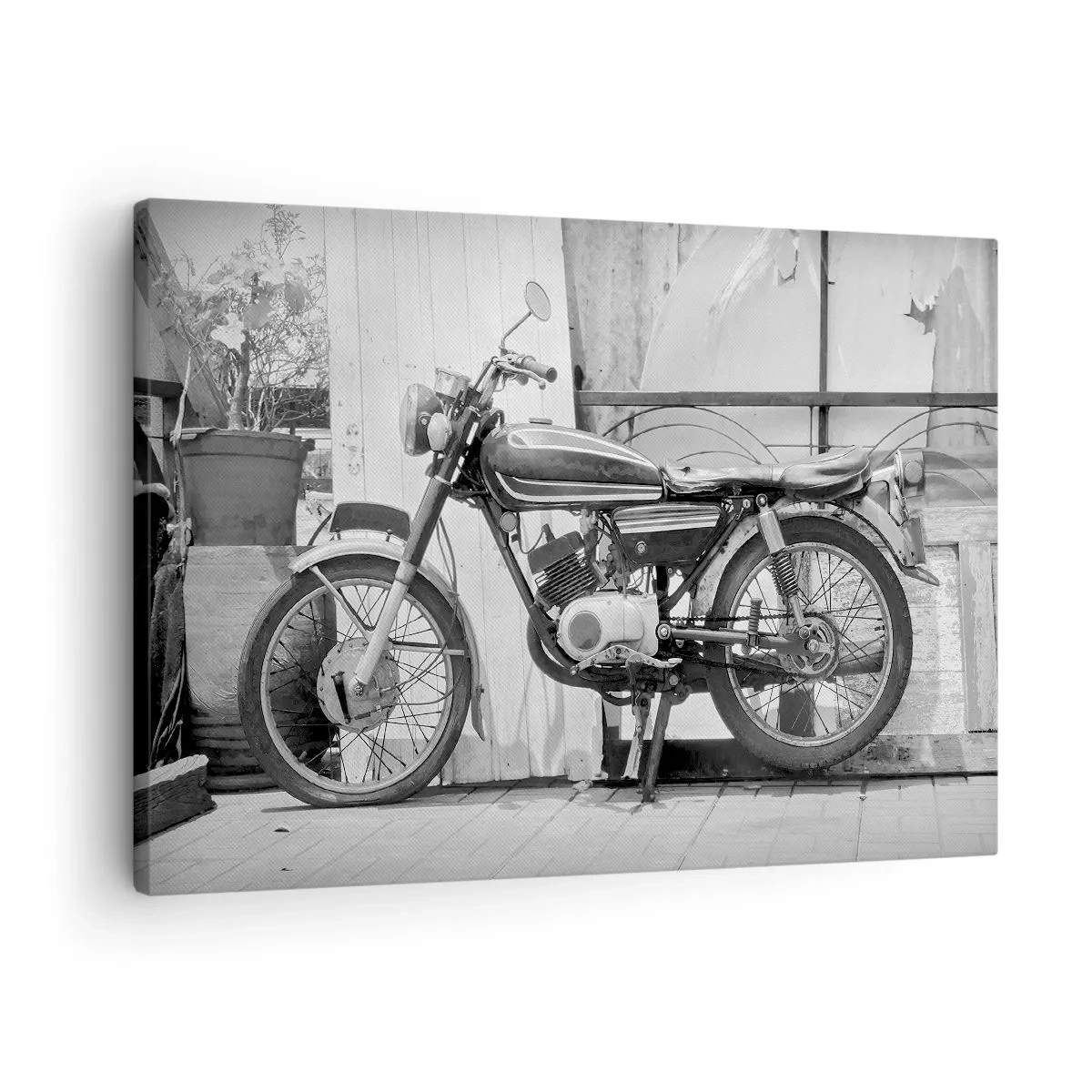 Cuadro sobre lienzo - Impresión de Imagen - Fotografía en blanco y negro de una motocicleta clásica. - 70x50cm - Los clásicos por encima de todo - Decoración de pared moderna para salón y dormitorio ARTTOR