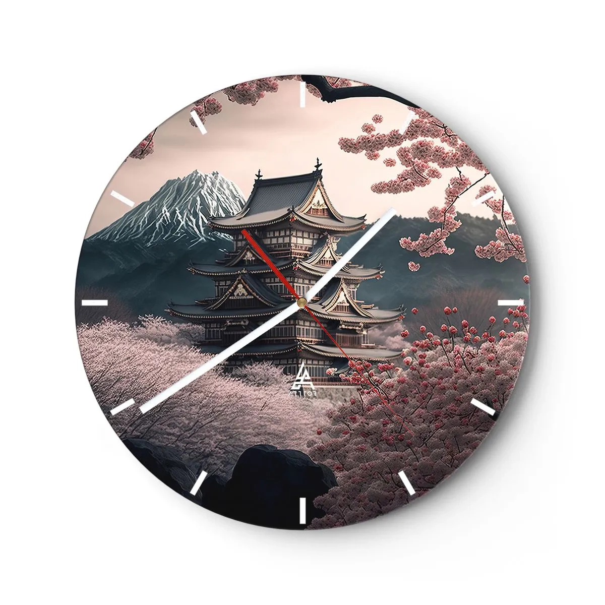 Reloj de pared - Reloj de vidrio - Una pagoda tradicional entre flores de cerezo con una montaña al fondo. - 30x30cm - Tierra de cerezos en flor - Decoración de pared moderna para salón, cocina y dormitorio ARTTOR
