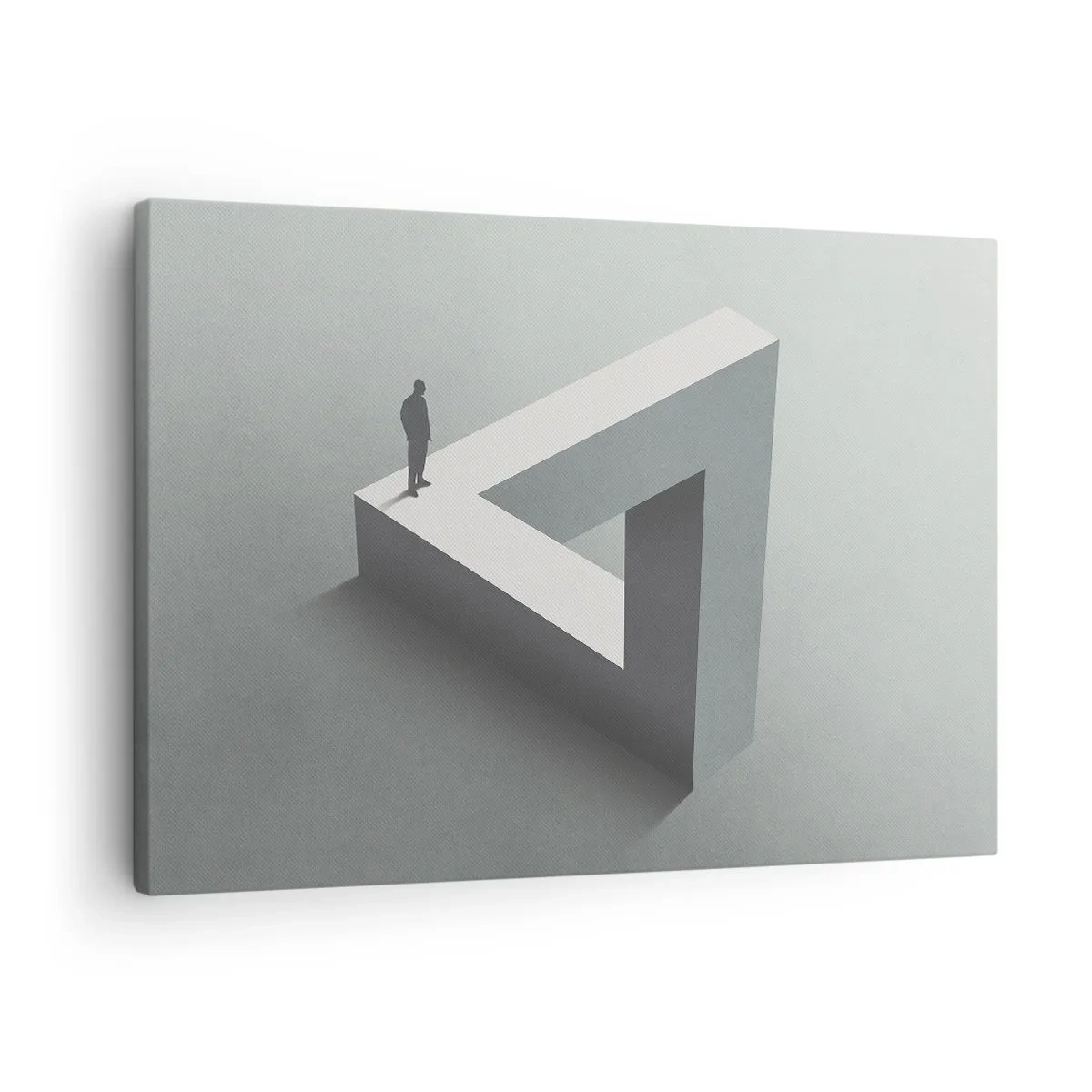 Cuadro sobre lienzo - Impresión de Imagen - Una figura parada sobre un triángulo de Penrose en tonos de gris. - 70x50cm - Y, sin embargo, es posible - Decoración de pared moderna para salón y dormitorio ARTTOR