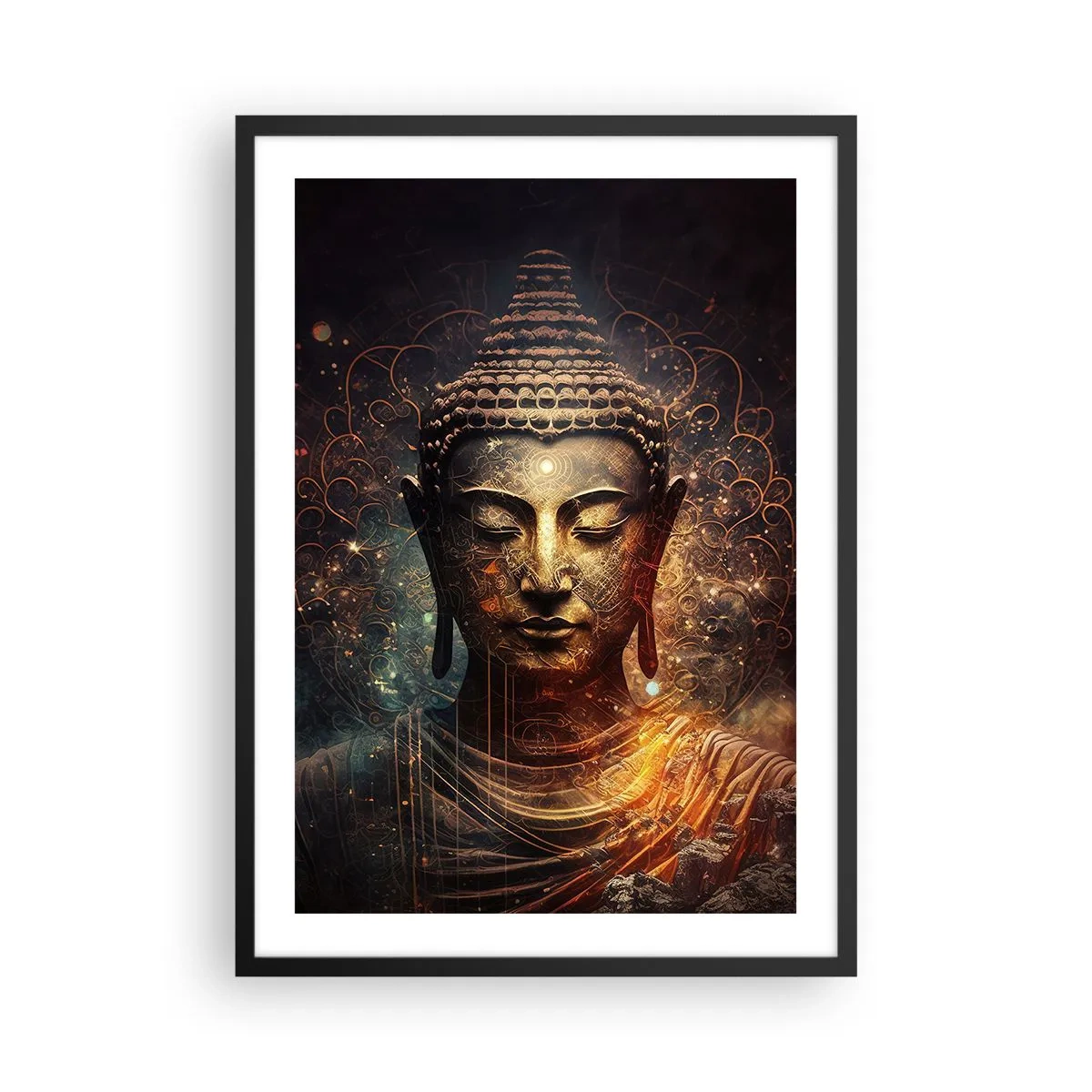 Póster en marco negro - Imagen mística de Buda en tonos dorados. - 50x70cm - Equilibrio espiritual - Decoración de pared moderna para salón y dormitorio ARTTOR