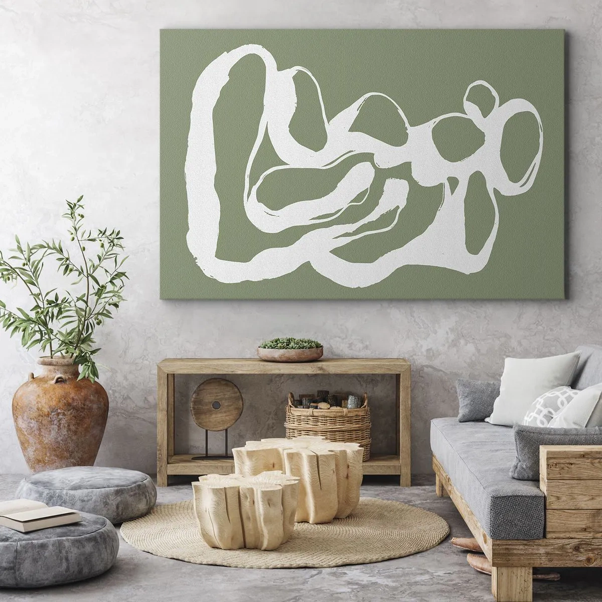 Cuadro sobre lienzo - Impresión de Imagen - Formas orgánicas en blanco sobre fondo verde. - 70x50cm - La llamada del espacio - Decoración de pared moderna para salón y dormitorio ARTTOR