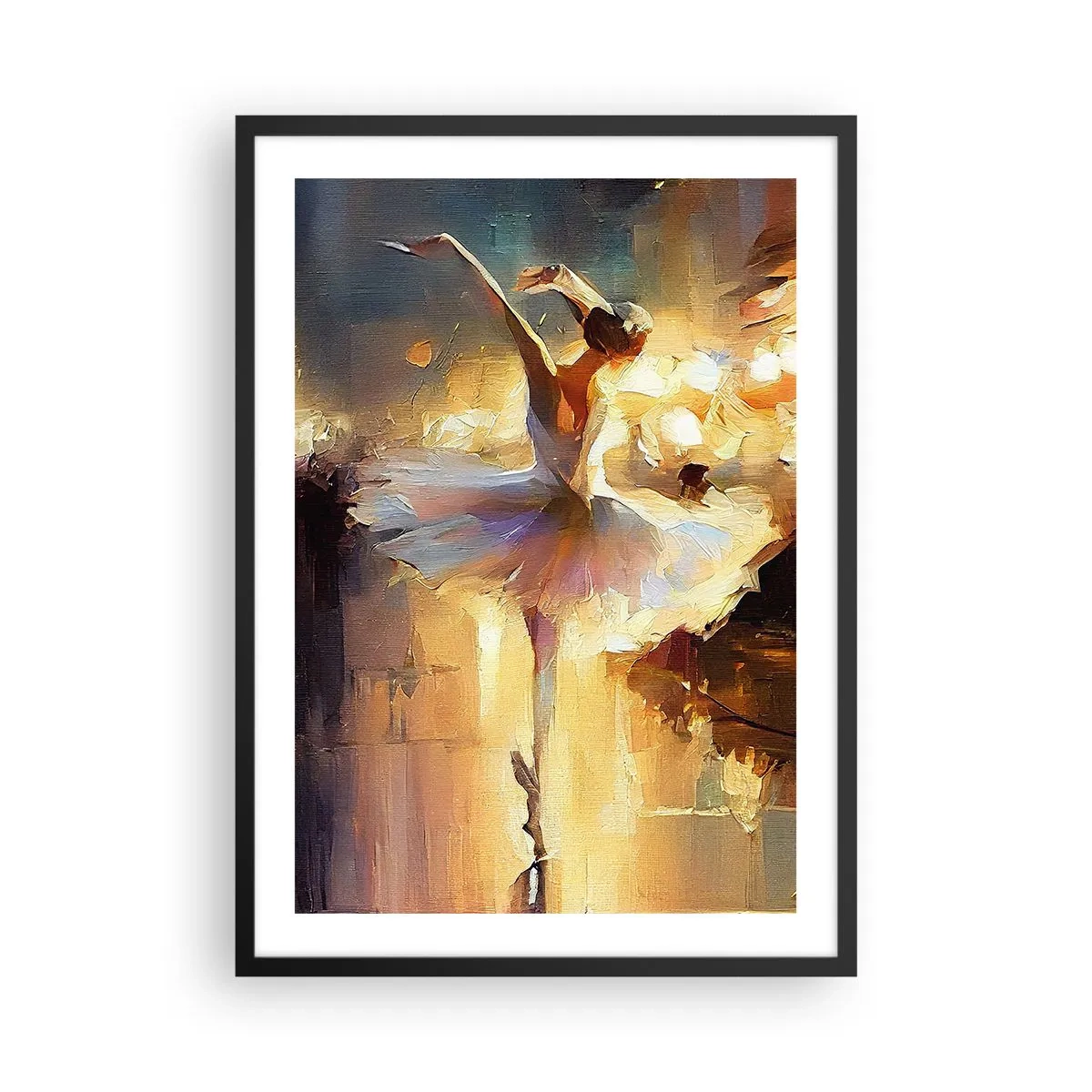 Póster en marco negro - Una bailarina en la luz dorada del escenario. - 50x70cm - Un milagro en la calle - Decoración de pared moderna para salón y dormitorio ARTTOR