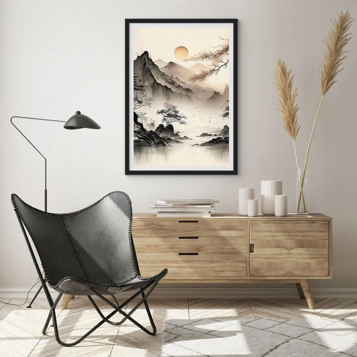 Póster en marco negro - Un paisaje de montaña minimalista de estilo japonés. - 50x70cm - El encanto único de Oriente - Decoración de pared moderna para salón y dormitorio ARTTOR