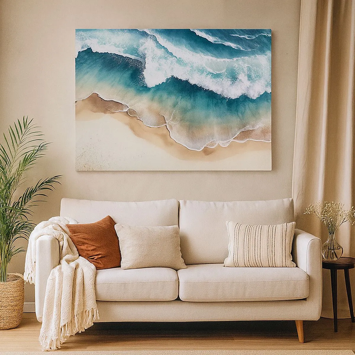 Cuadro sobre lienzo - Impresión de Imagen - Vista de la playa y las olas del mar en tonos turquesa. - 70x50cm - Un encuentro eterno - Decoración de pared moderna para salón y dormitorio ARTTOR