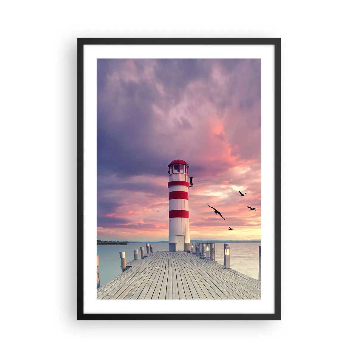 Póster en marco negro - Faro con la puesta de sol como telón de fondo - 50x70cm - Hora de ir al puerto - Decoración de pared moderna para salón y dormitorio ARTTOR