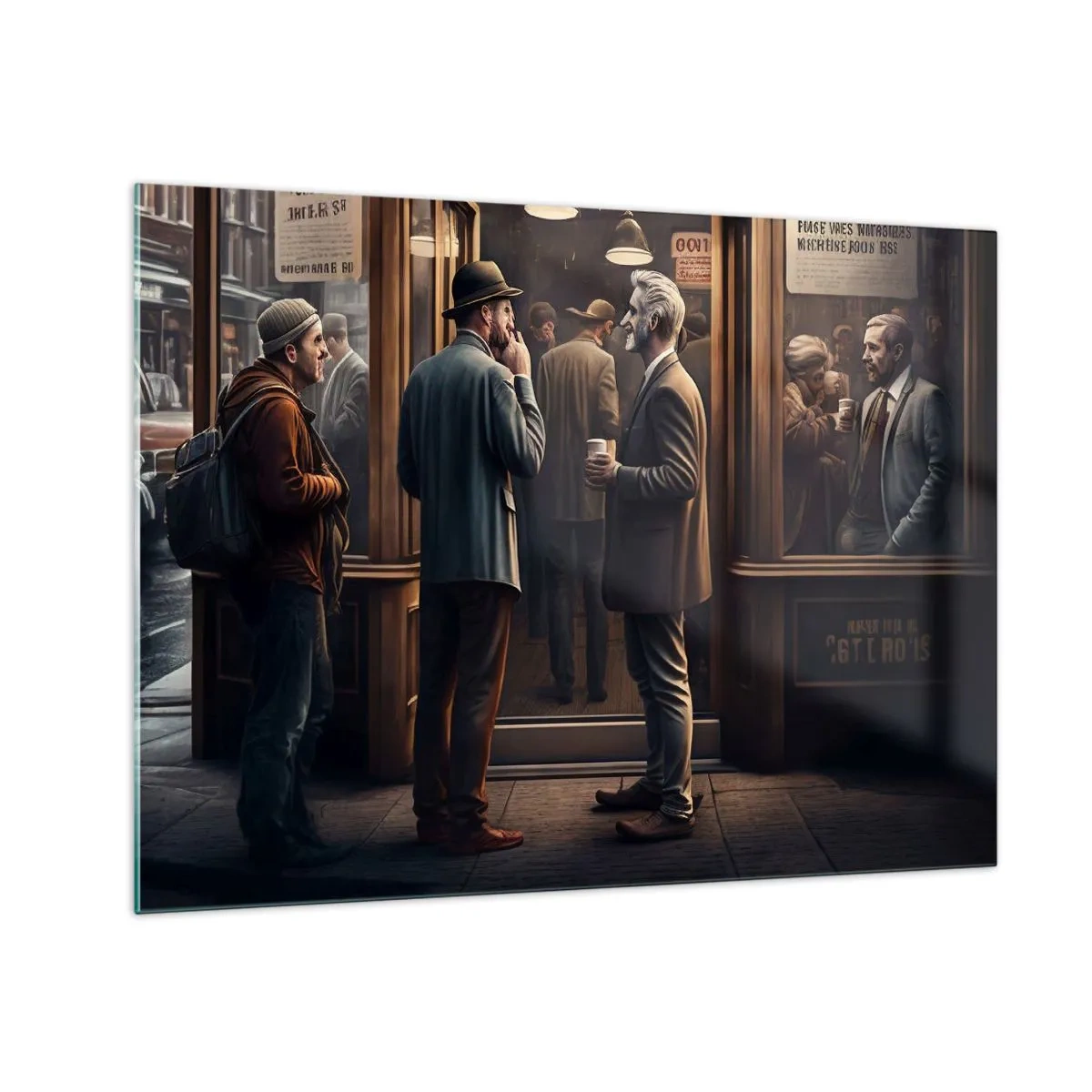 Cuadro sobre vidrio - Impresiones sobre Vidrio - Hombres charlando fuera de un café en un entorno urbano retro - 70x50cm - Un buen momento del día - Decoración de pared moderna para salón y dormitorio ARTTOR