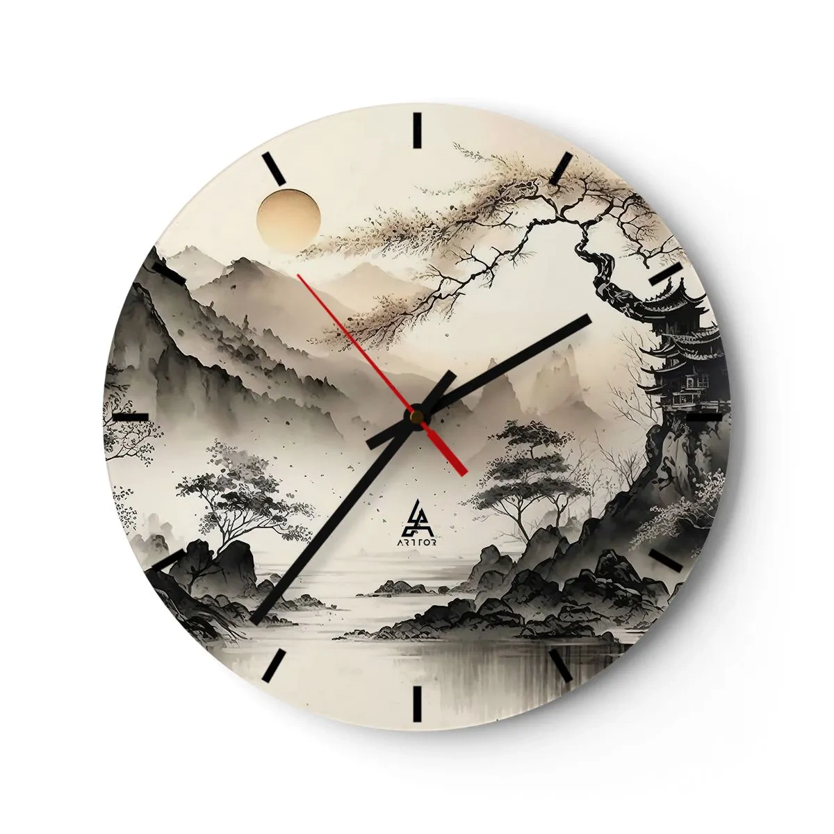 Reloj de pared - Reloj de vidrio - Pintura en tinta china de un paisaje montañoso con una pagoda y un valle brumoso. - 30x30cm - El encanto único de Oriente - Decoración de pared moderna para salón, cocina y dormitorio ARTTOR