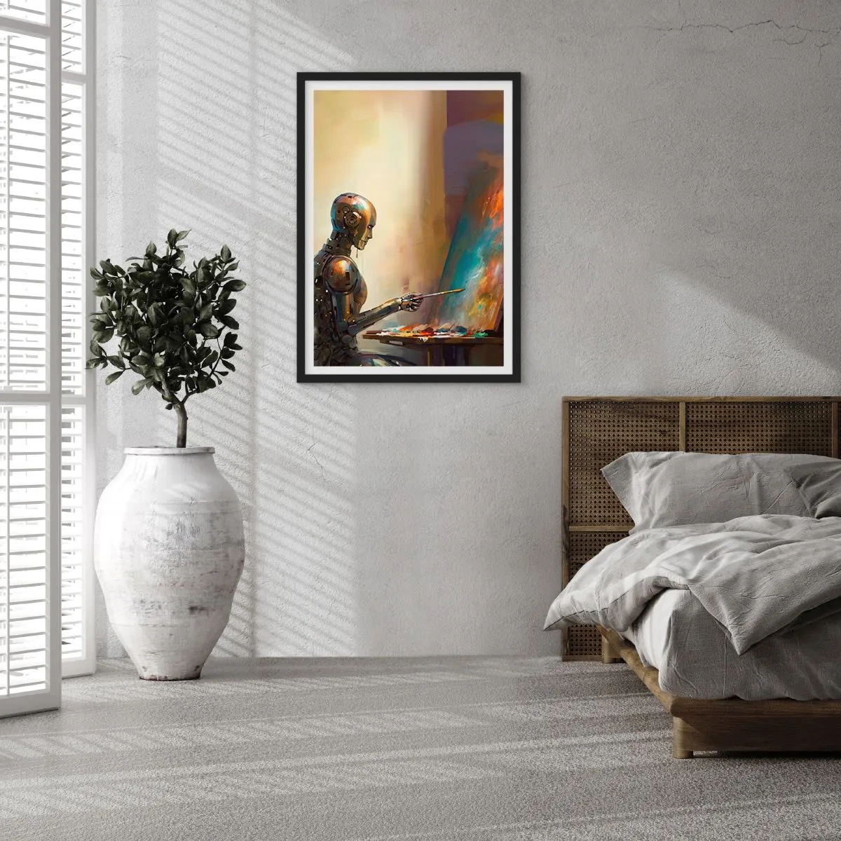 Póster en marco negro - Pintor robot en un caballete de estilo futurista - 50x70cm - Arte del futuro - Decoración de pared moderna para salón y dormitorio ARTTOR
