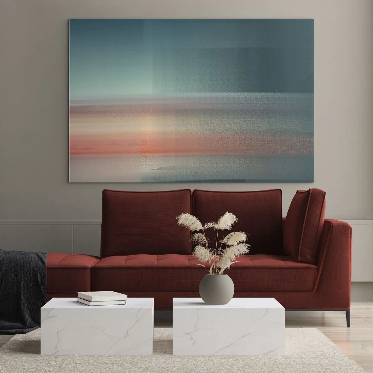 Cuadro sobre vidrio - Impresiones sobre Vidrio - Una abstracción pastel que recuerda las ondas de luz al atardecer. - 70x50cm - Abstracción: ondas de luz - Decoración de pared moderna para salón y dormitorio ARTTOR