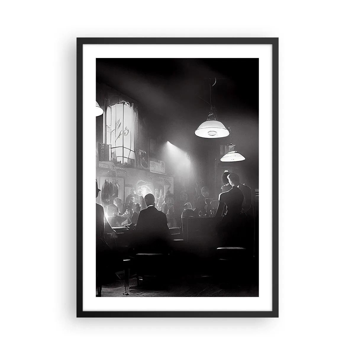 Póster en marco negro - Una escena en blanco y negro de un club nocturno de jazz atmosférico. - 50x70cm - En clave de jazz - Decoración de pared moderna para salón y dormitorio ARTTOR