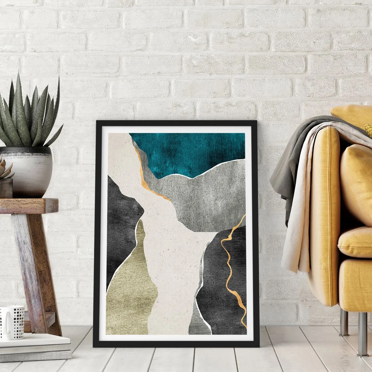 Póster en marco negro - Composición abstracta con formas geométricas - 50x70cm - Composición en mosaico con una hebra de oro - Decoración de pared moderna para salón y dormitorio ARTTOR