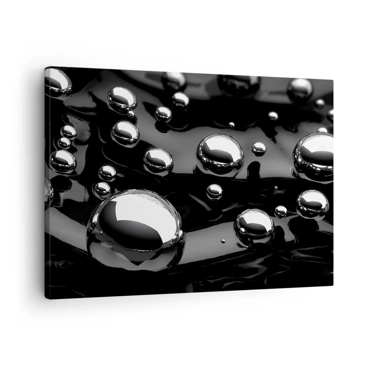 Cuadro sobre lienzo - Impresión de Imagen - Gotas abstractas sobre una superficie negra - 70x50cm - De las negras profundidades - Decoración de pared moderna para salón y dormitorio ARTTOR