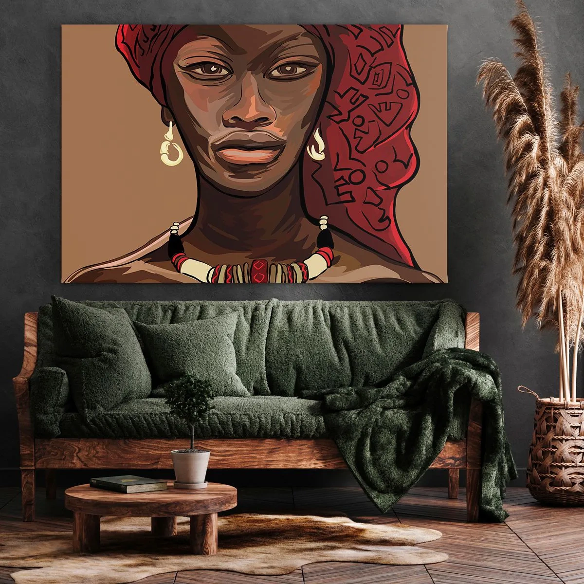 Cuadro sobre lienzo - Impresión de Imagen - Retrato de una mujer con un turbante rojo sobre un fondo beige - 70x50cm - Venus de ébano - Decoración de pared moderna para salón y dormitorio ARTTOR