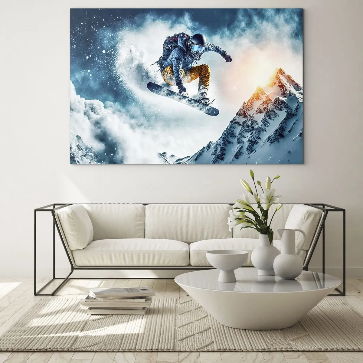 Cuadro sobre vidrio - Impresiones sobre Vidrio - Un snowboarder vuela sobre montañas nevadas. - 70x50cm - Emociones extremas - Decoración de pared moderna para salón y dormitorio ARTTOR