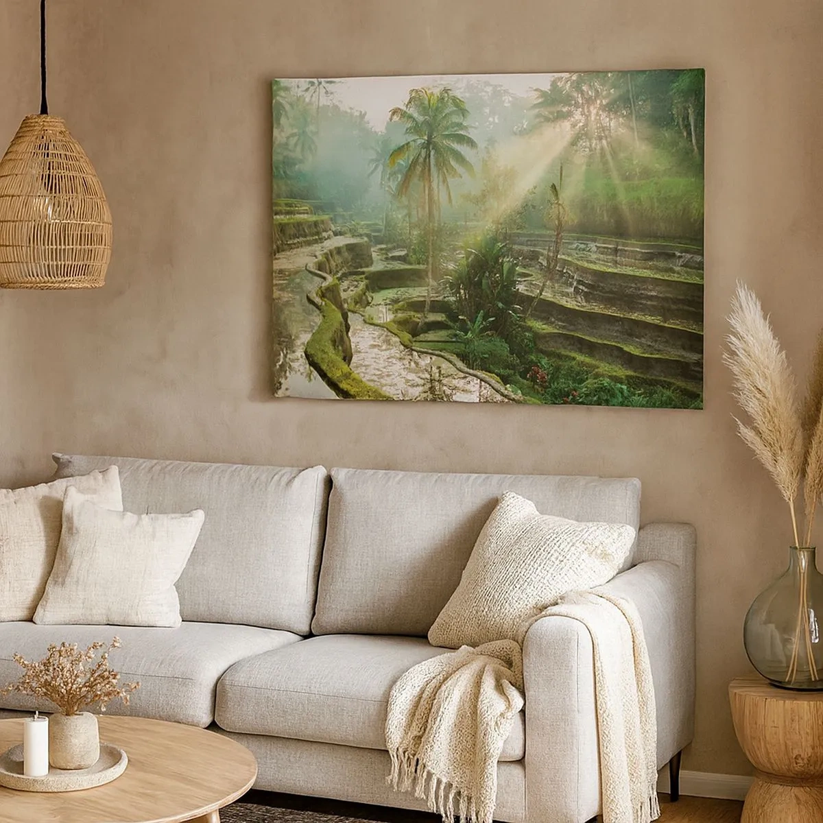 Cuadro sobre lienzo - Impresión de Imagen - Terrazas de arroz con palmeras bajo los rayos del sol - 70x50cm - Crecer bajo el sol - Decoración de pared moderna para salón y dormitorio ARTTOR