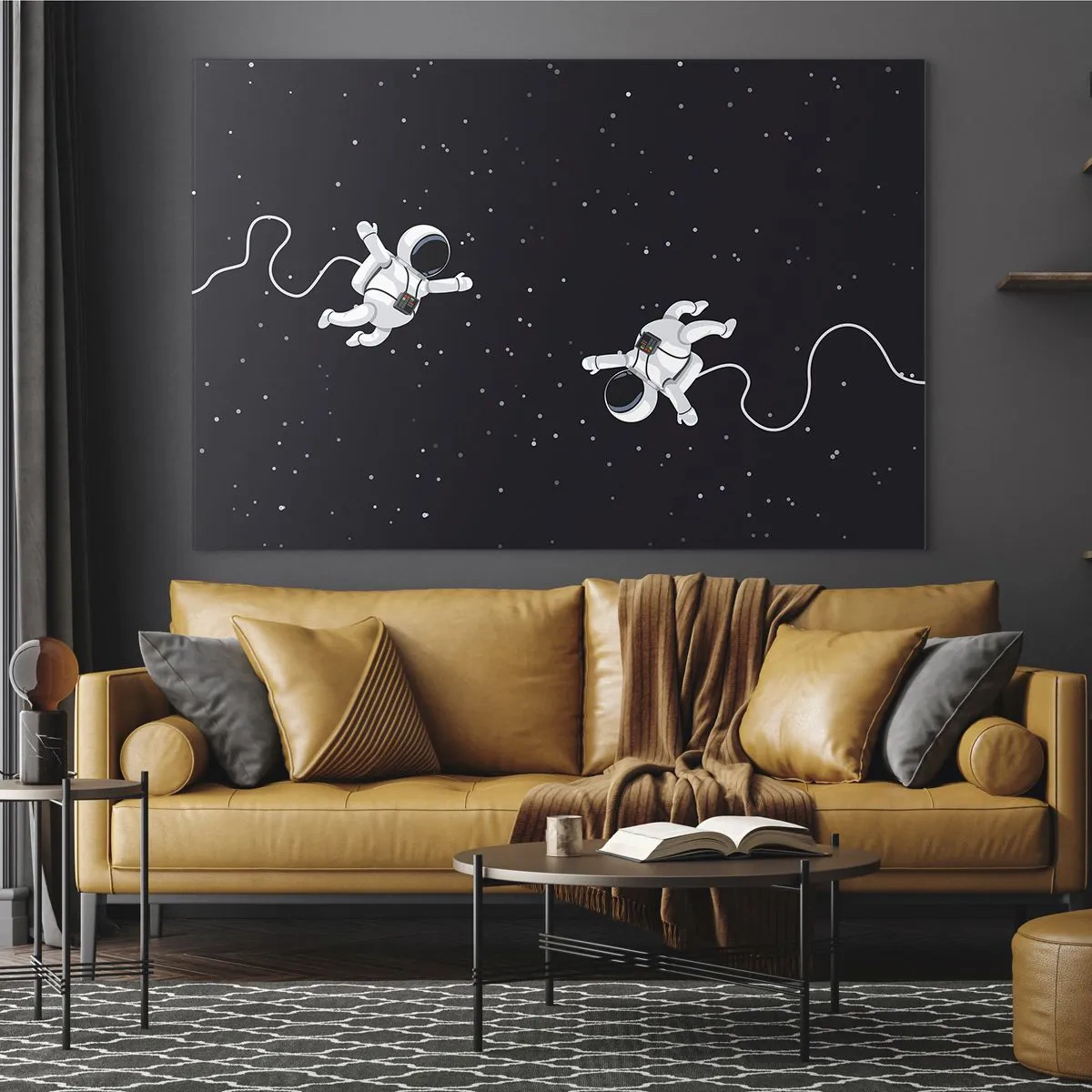 Cuadro sobre vidrio - Impresiones sobre Vidrio - Dos astronautas flotando en el espacio - 70x50cm - Danza cósmica - Decoración de pared moderna para salón y dormitorio ARTTOR