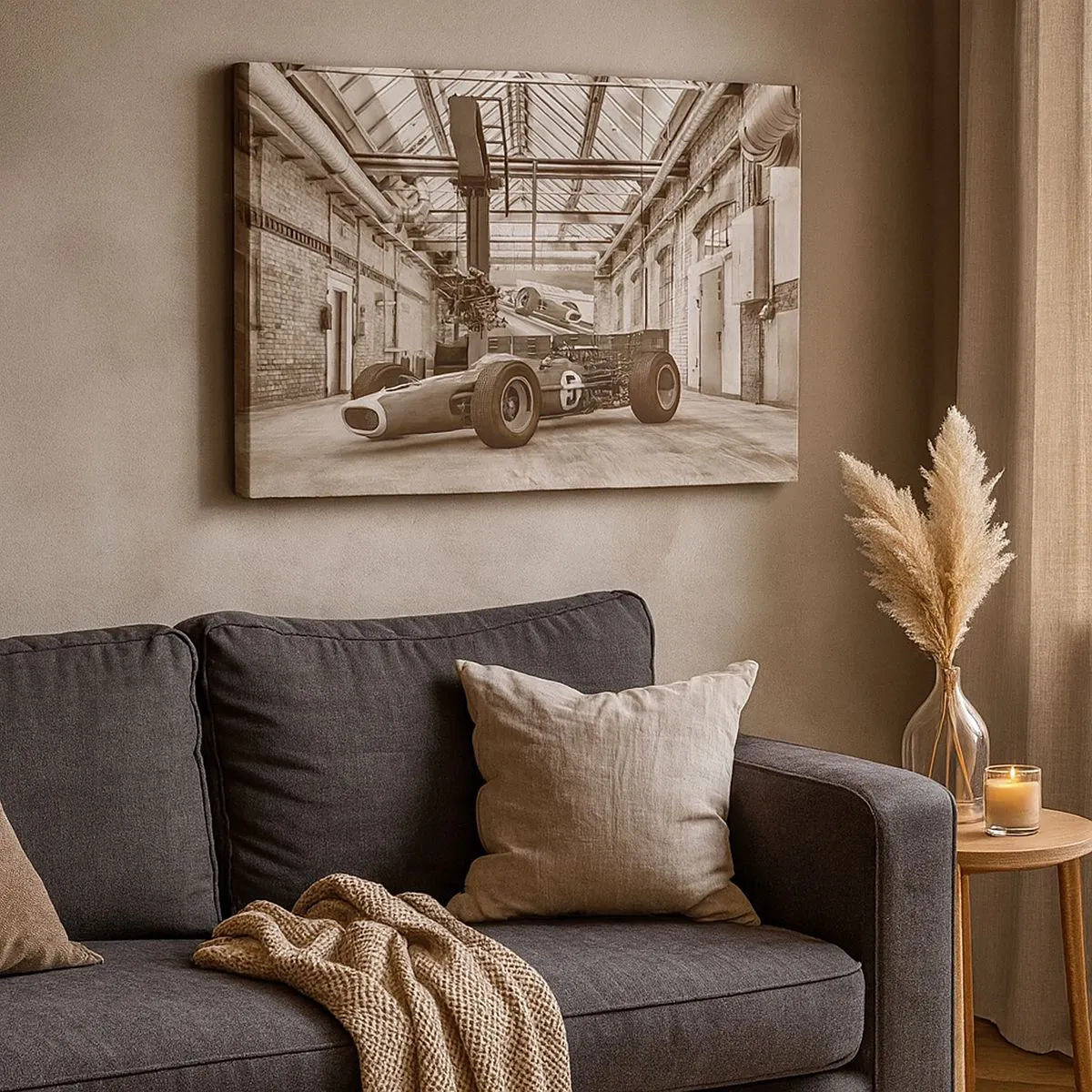 Cuadro sobre lienzo - Impresión de Imagen - Coche de carreras en blanco y negro en un interior industrial. - 70x50cm - El descanso del vencedor - Decoración de pared moderna para salón y dormitorio ARTTOR