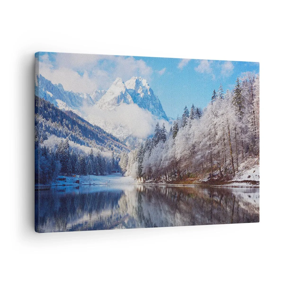 Cuadro sobre lienzo - Impresión de Imagen - Paisaje invernal de montaña con árboles cubiertos de nieve y un lago. - 70x50cm - Guardia de nieve - Decoración de pared moderna para salón y dormitorio ARTTOR
